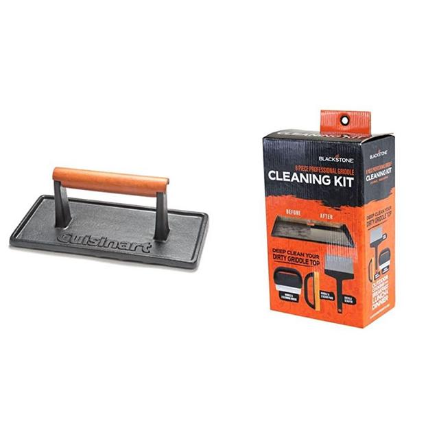 Cuisinart CGPR-221 Cast Iron Grill Press (Wood Handle), Weighs 2.8-pounds & Blackstone 5060 Grill & Griddle Kit 8 Pieces Premium Flat Top Grill Accessories Cleaner Tool Set, Black