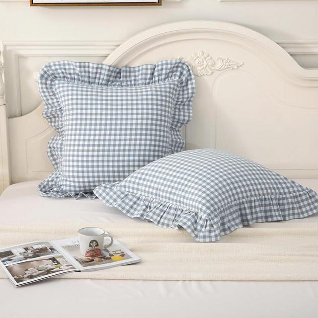 Silnuo Dusty Blue Plaid Ruffle Throw Pillow Covers Set of 2,Washed Cotton Shabby Checkered Gingham Pillow Shams Decorative Shams for Sofa,Couch,Liviing Room-20"x20"
