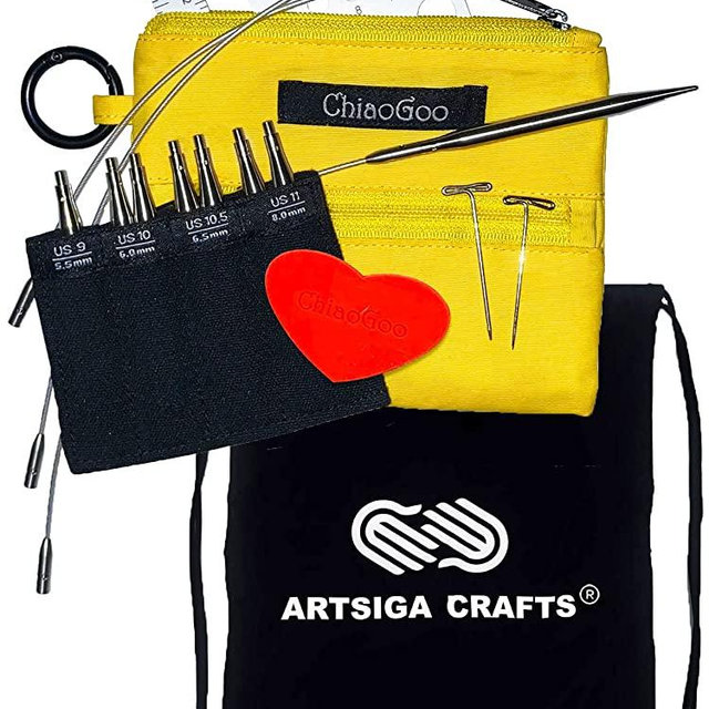 ChiaoGoo Twist Red Lace Shorties 3-Inch Large Yellow 7230-L Interchangeable Knitting Needle Set, US 9, 10, 10.5, 11 Stainless Steel with 3 Swiv 360 Cords Bundle with 1 Artsiga Crafts Large Bag