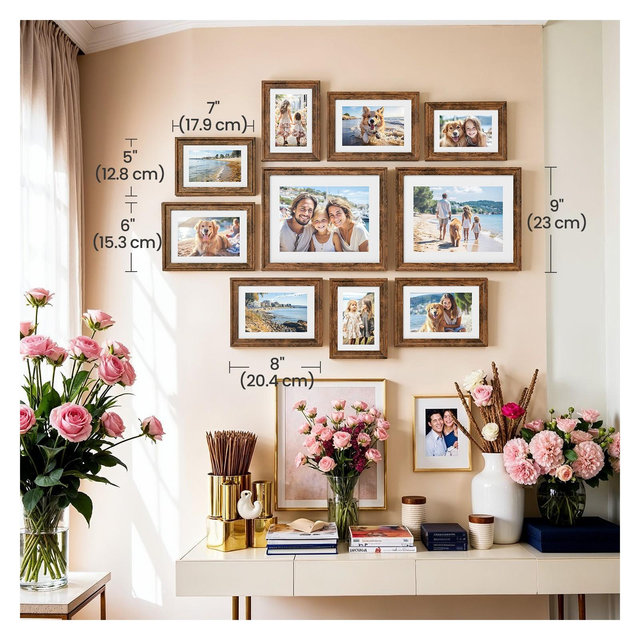 LEDREM Set of 10 Photo Frames, Picture Frames with Mats, 8x10, 5x7, 4x6, Hanging, Glass, Rustic Brown