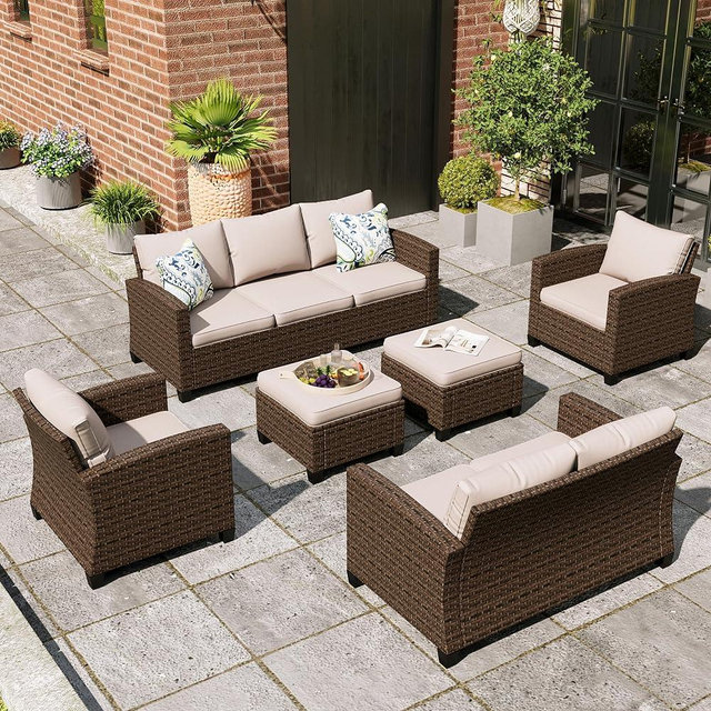 MIXPATIO Patio Furniture Set, 6 Pcs Wicker Outdoor Conversation Set, 2 x Single Chairs, 1 x 3 Seater Sofa, 1 x 2-Seat Lover Sofa and 2 x Ottomans with 4" Thick Cushion for Garden Backyard Deck, Beige