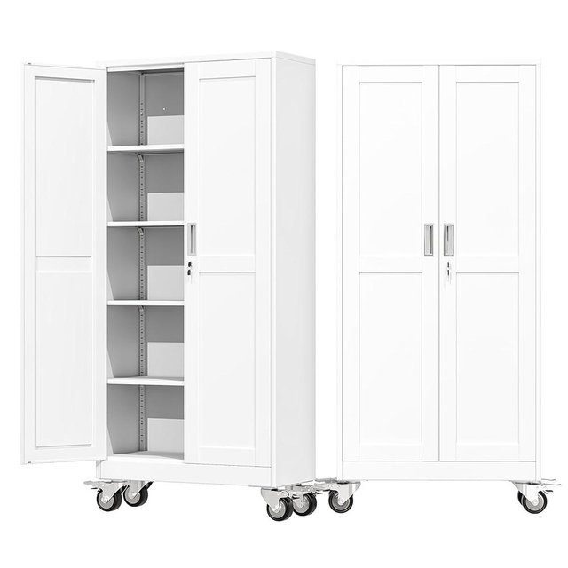 AUEYTVR 71" Tall Metal Garage Storage Cabinet with Wheels and Locking Doors and Tall Rolling Steel Tool Cabinet with 4 Adjustable Shelves for Garage,Home,Office,Shop (White)