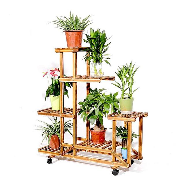 Wooden Plant Stand with Wheels Multi-Layer Rolling Plant Flower Display Shelf Indoor Movable Storage Rack Holder Outdoor for Patio Livingroom Balcony Garden Yard
