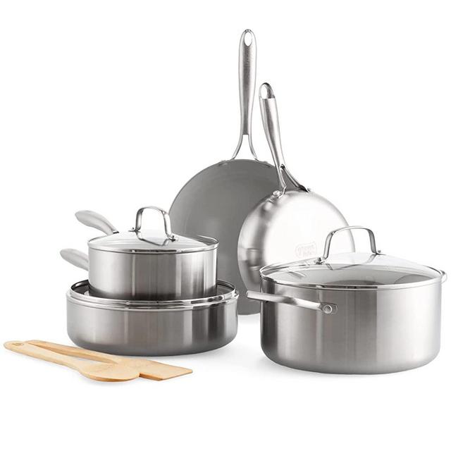 GreenLife Tri-Ply Stainless Steel Healthy Ceramic Nonstick, 10 Piece Cookware Pots and Pans Set, PFAS-Free, Multi Clad, Induction, Dishwasher Safe, Oven Safe, Silver