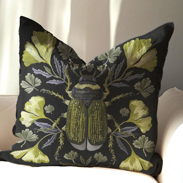 Victorian Sage Beetle Pillowcase: Dark Botanical Gothic Accent for 18x18 or 22x22 Cushion