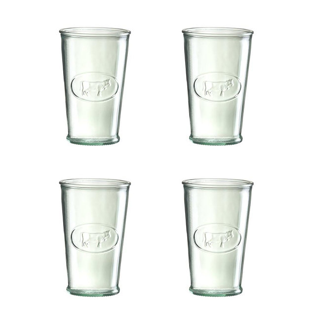 Amici Home Milk Glass | 11 Oz | Italian Made, Clear Recycled Glass with Green Tint | Cute Glass with Cow Motif for Milk, Water, Juice, Cocktails, Fresh Drinks (Set of 4)