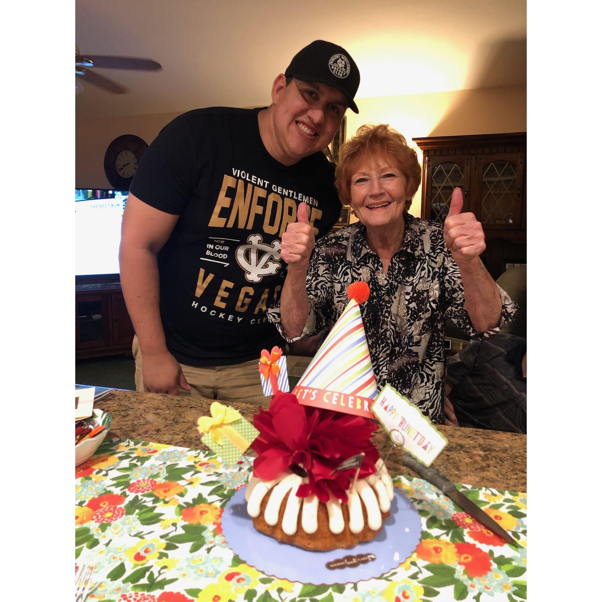 Zach celebrating his 30th birthday with Ginger's grandma Sharon