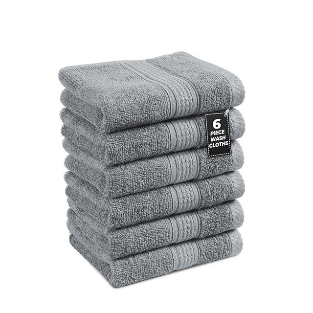 LANE LINEN Wash Cloths Set of 6- Spa & Salon Quality - 100% Ring Spun Cotton Face Cloths - Soft & Ultra Absorbent Washcloths for Body, Beauty, Home, Gym - Fingertip Towels - 13"x13", Cool Grey Towels