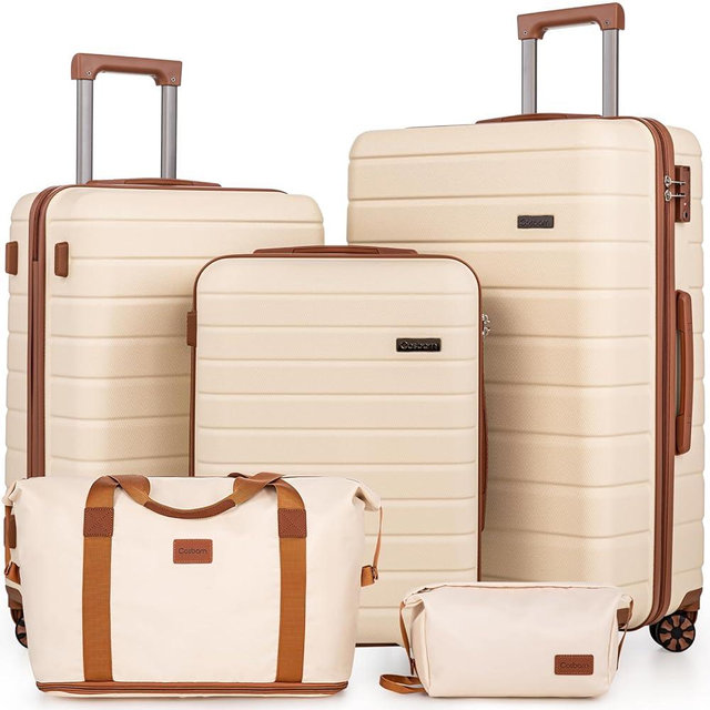 Cosbarn 5 Piece Luggage Sets with Spinner Wheels and TSA Lock, Unisex Hardside ABS Suitcase Set, Hardshell Lightweight Waterproof Travel Hard Case Luggage Set, Beige