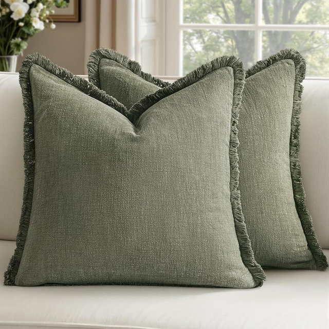 Woaboy Decorative Linen Fringe Throw Pillow Covers Boho Farmhouse Soft Accent Pillows with Tassels Christmas Home Decor for Livingroom Couch Sofa Bed,20x20 Inch Set of 2,Light Olive Green