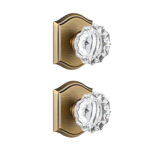 CLCTK 2 Pack Crystal Glass Dummy Door Knobs, Non-Turning Single Side Dummy Door Knob for Interior Doors in Antique Brass
