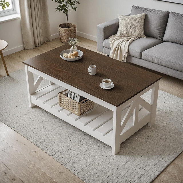 YESHOMY Farmhouse Coffee Table, Wood Square Open Storage Compartment for Living Room, Brown and White