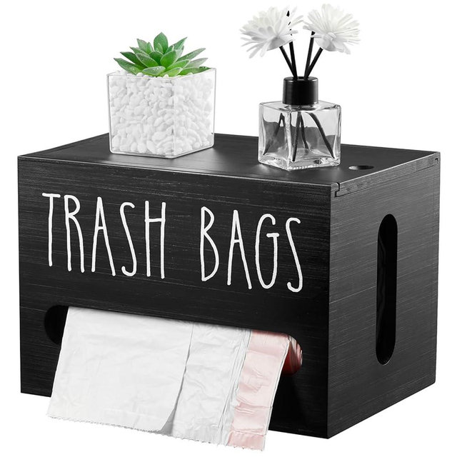 DRASTAR Trash Bag Dispenser, Large Wooden Trash Bag Holder Wall Mount, Black Bag Roll Holder for Plastic Bags Countertop, Large Garbage Bag Dispenser, Under Kitchen Sink Organization