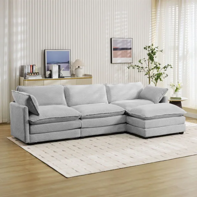 HYLEORY Sectional Sofa with Ottoman, L Shaped Free Combination Corduroy Couch Furniture Sets for Living Room,Gray