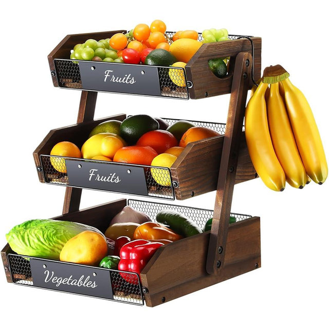 Briwooody Snack Stand Wooden Fruit Basket for Kitchen Counter with Banana Hangers Valentine's Day Fruit Holder Fruit and Vegetable Storage, Fruit Bowl for Onion Potato Bread Organizer(3 Tier)