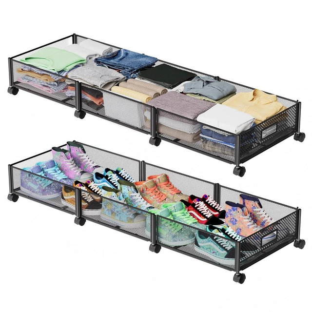 Nonkky Under Bed Storage with Wheels 47.2"(L),57.6L Large Rolling Under Bed Storage, Metal Underbed Containers on Wheels, Tool-Free Assembly Foldable Metal Underbed Drawers for Shoes Clothes Toys