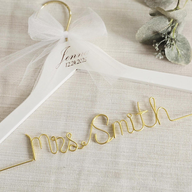 Wedding Personalized Bridal hanger with date engraved, Engagement gifts, Wire script name hanger