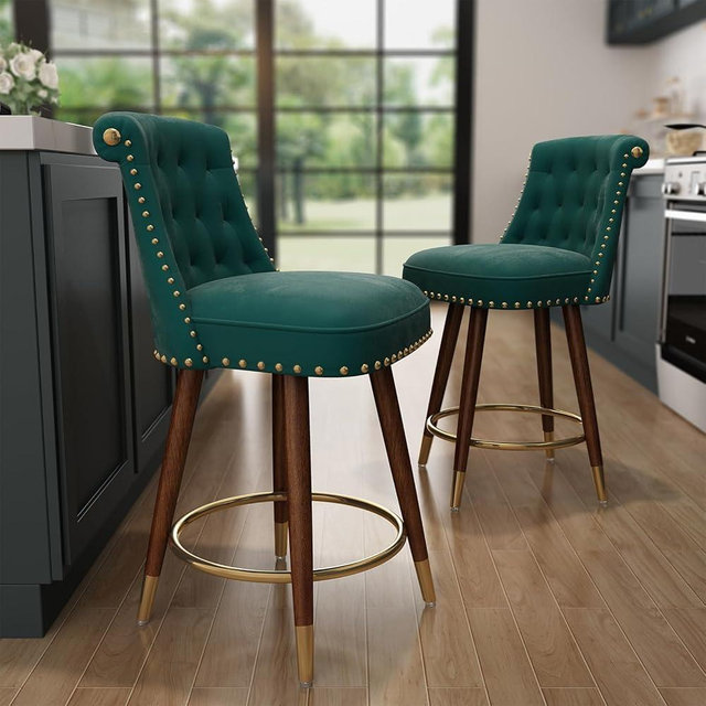 SeekFancy Counter Height Bar Stools, 360° Swivel Counter Stools Set of 2, Upholstered 24" Velvet Barstools with Back and Footrest for Kitchen Island, Seat Height, Solid Wood Legs, Fabric in Green