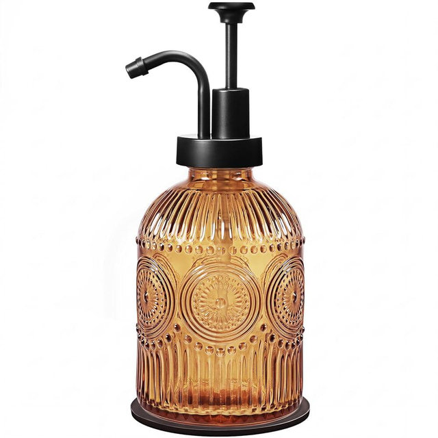 Amolliar 12 Oz Vintage Glass Bathroom Soap Dispensers with Pump, Refillable Kitchen Dish Soap Dispenser with Stripe, Antique Rustic Hand Soap Liquid Bottle (Brown-Black Pump)