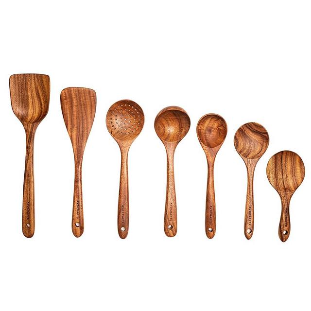 Avocrafts Kitchen Utensil Set for Cooking, Wooden Cooking Spoons and Spatulas, Set of 7 (No Holder)
