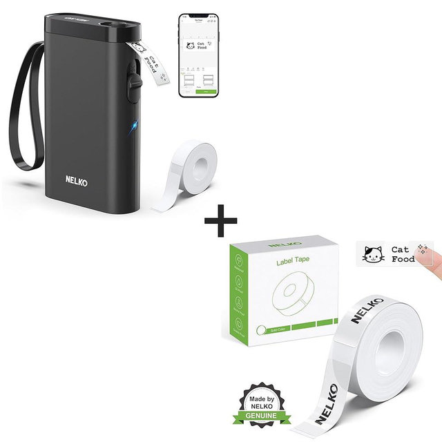 Nelko Black Label Maker Machine with Tape, P21 Bluetooth Label Printer, Adapted Label Print Paper, 14x40mm (0.55"x1.57"), Standard Laminated Labeling Replacement, Transparent