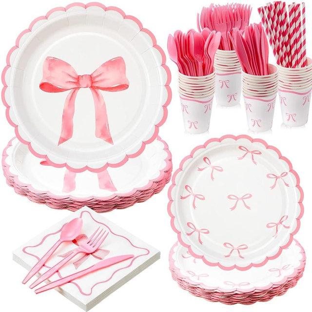 Reallnaive 192 Pcs Pink Bow Party Supplies Severs 24 Guests Coquette Birthday Decorations Includes Plates Cups Napkins Tableware Sets for Girl Bachelorette Bridal Engagement
