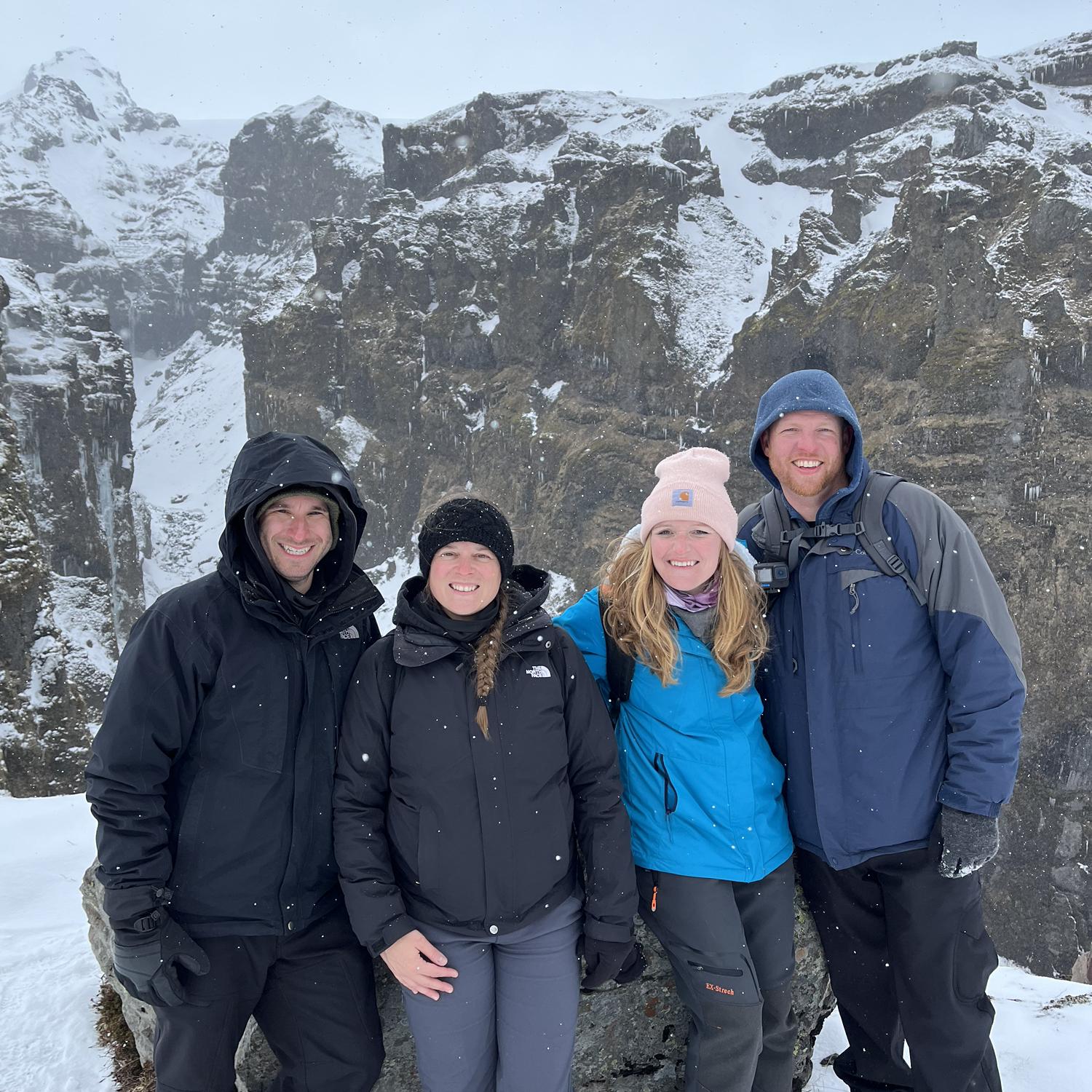 A snowy, adventurous hike in Iceland! Emily and Eric felt like they were in a scene from The Lord of the Rings! These are Emily and Eric’s friends and travel companions, Mike and Annie.