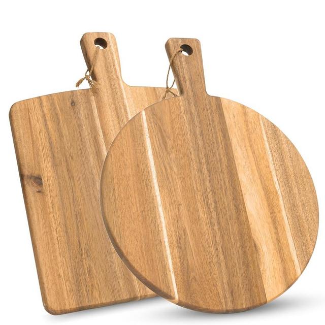 KOLWOVEN Acacia Wood Cutting Board 2 Pack with Handle, Wooden Charcuterie Board Large Paddle Carving Chopping Board Set, Serving Tray for Cheese Meat Fruit Pizza Bread Baking