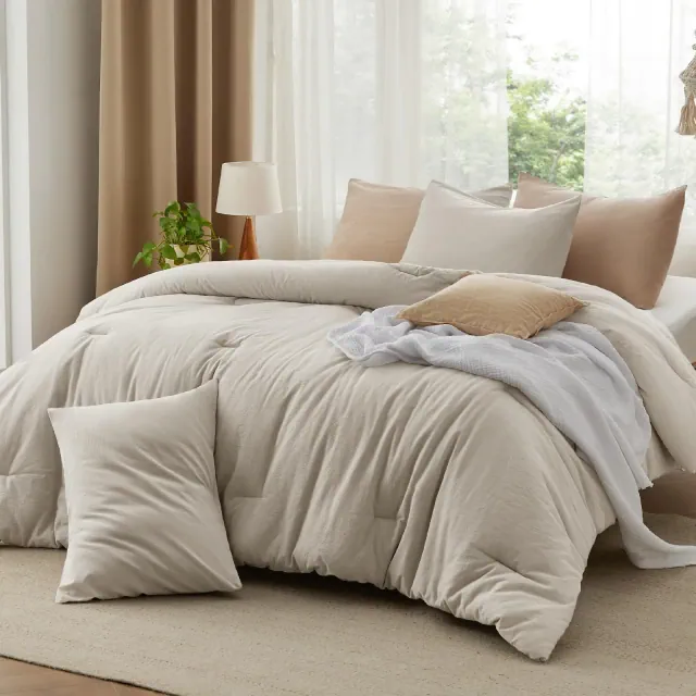 Cotton Fabric with Microfiber Inner Fill 3 Pcs Queen Size Comforter Set for All Seasons Linen - Bedsure