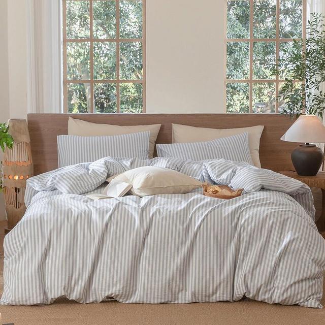 MooMee Striped Duvet Cover Set 100% Washed Cotton Linen Like Textured Breathable Durable Soft Comfy (Cornflower Blue White Classic Stripes, Queen)