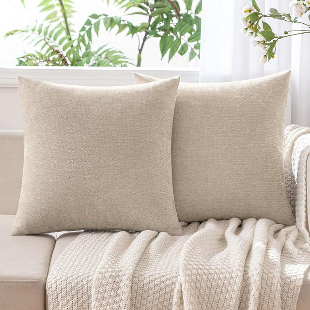 MIULEE Pack of 2 Beige Decorative Pillow Covers 18x18 Inch Soft Chenille Couch Throw Pillows Farmhouse Cushion Covers for Sofa Bedroom Living Room