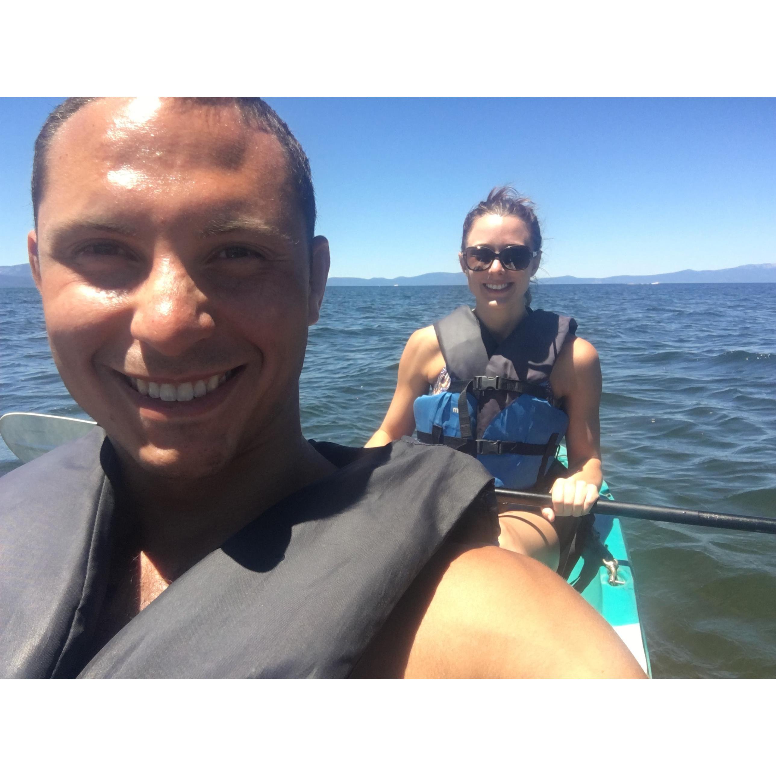 Kayaking in Lake Tahoe, a real test of our communication skills.