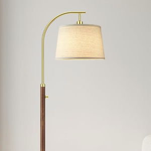 Dimmable Floor Lamp for Living Room, 65" Tall Metal Standing Lamp with LED Bulb, Mid Century Modern Arc Floor Lamp with Linen Shade for Bedroom, Reading Room, Office & Nursery, Gold and Walnut Color