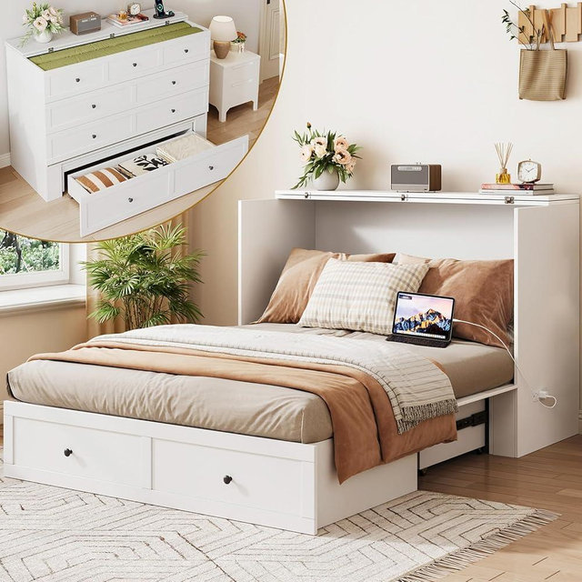 LIVAUVEAD Full Size Murphy Bed with Charging Station & Drawer, Full Size Mobile Cabinet Bed Frame, Murphy Chest Bed for Bedroom, Guest Room