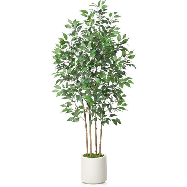 SOGUYI Ficus Artificial Tree 6ft Fake Silk Plant for Home Decor Indoor, Faux Floor Tree in White Imitation Ceramic Planter with Green Fake Moss for Home Office Corner Indoor Decor, Set of 1