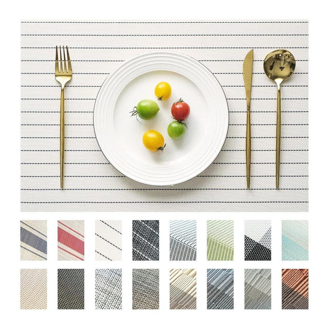 SUMYMERY Placemats Set of 4 Vinyl/Plastic Woven Place Mats for Kitchen Table Indoor/Outdoor Washable Placemat Wipeable Dining Table Mats (White Stripes,4)