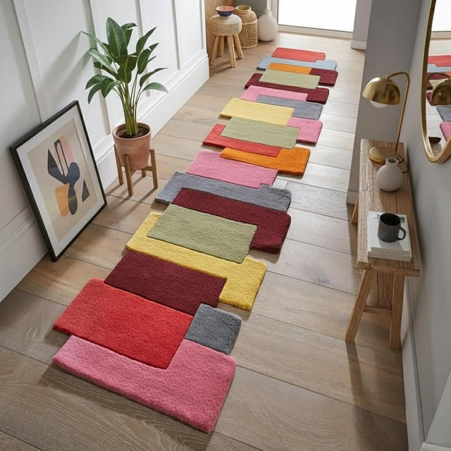 Restoration and Renovation Multi-Color Wool Runner Rug 2.6' x 8' – Handmade, Irregular Block Pattern, Artistic Geometric Design Carpet for Living Room, Bedroom, Kitchen & Home Decor