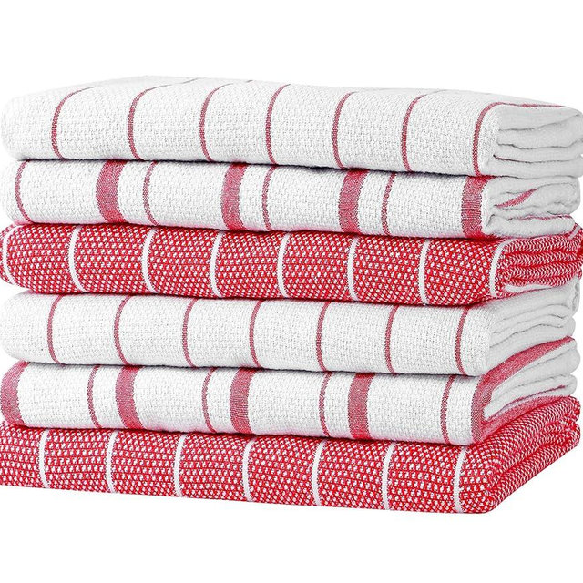Zeppoli Classic Kitchen Towels - 6 Pack 100% Natural Cotton Towel Set, Reusable Wash Cloths, Absorbent Dish Towels, Machine Washable Hand Towels, Kitchen Essentials, 20� x 28� - Red VAR