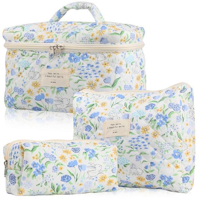 NATINSA Cute Makeup Bag for Women(2 Pcs), Travel Cosmetic Bags, Quilted Coquette Aesthetic Floral Toiletry Organizer Bag (23 - Blue Rabbit)