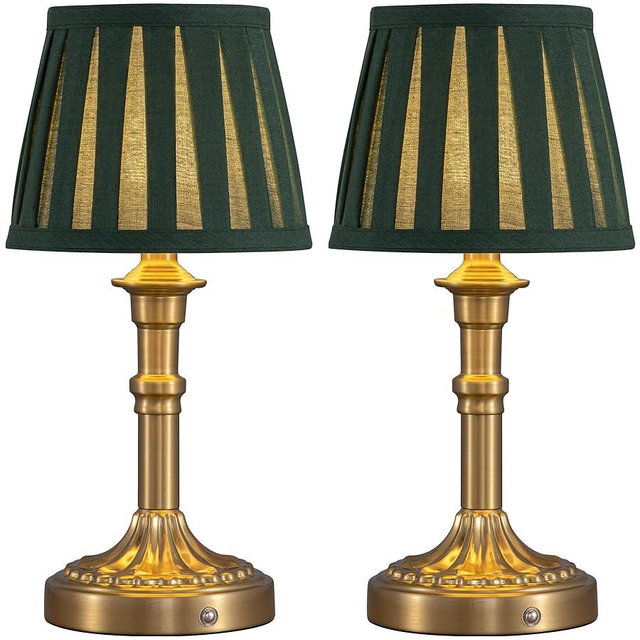 KDG Cordless Portables Table Lamp Set of 2, LED Fabric Shade Small Desk Lamps, 5000mAh Battery Powered Lighting, 2700K Stepless Dimmable Light for Living Room, Dining Room, Bedroom (Bronze+Green)