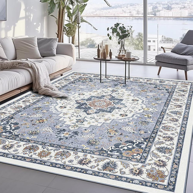 Brevonox Area Rug for Living Room, Indoor Machine Washable Rug for Bedroom Vintage Rug Dinning Room Floor Carpet Non-Slip Backing Rugs Floral Soft Low-Pile Office Rug (Blue White, 5' × 7')