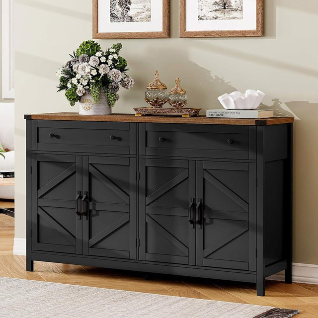 ChooChoo Sideboard Buffet Cabinet with Storage, Buffet Storage Cabinet with 2 Drawers and 4 Barn Doors, Modern Farmhouse Coffee Bar Cabinet for Kitchen, Dining Room, Living Room, Black