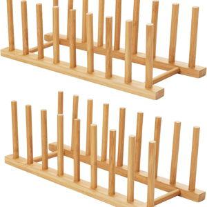 HBlife 2pcs Bamboo Dish Plate Bowl Cup Book Pot Lid Cutting Board Drying Rack Stand Drainer Storage Holder Organizer Kitchen Cabinet（Keep Dry）