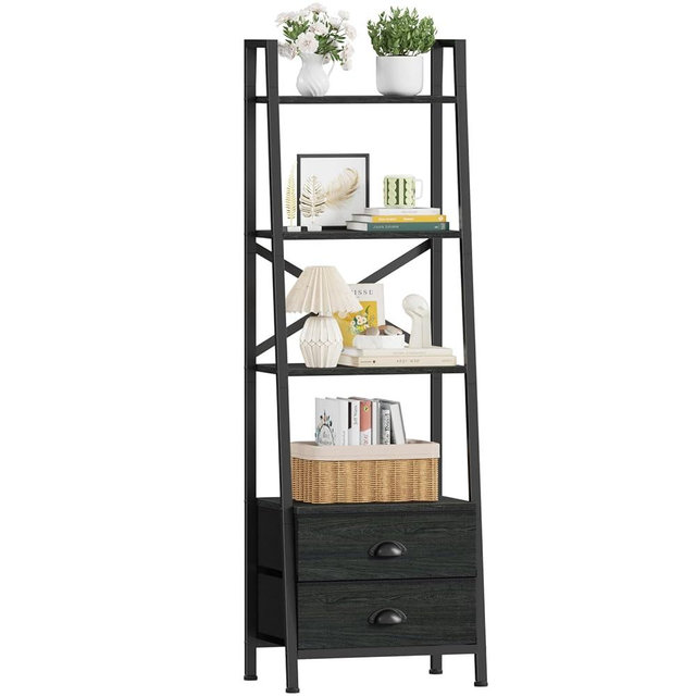 Furologee 4-Tier Ladder Shelf,Small Bookshelf with 2 Drawers,Vertical Bookcase Storage Rack Organizer,Display Bookshelves for Living Room,Bedroom,Bathroom,Home Office,Kitchen,Black Oak