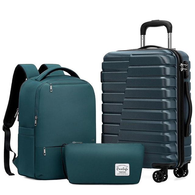 Coolife Luggage Sets 3 Piece, 20In Carry On Luggage with Spinner Wheels PC Hardside Suitcase Set with Travel Backpack (Teal blue, Backpack/TB/20)