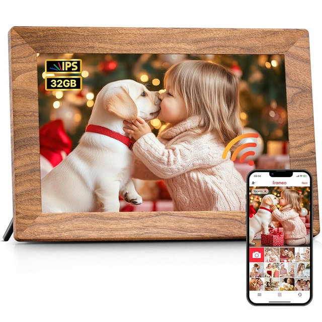 Frameo 10.1" Digital Picture Frame, Smart WiFi Digital Photo Frame with 1280x800 HD IPS Touch Screen 32GB Memory Auto-Rotate Wall Mounted, Share Photos/Videos from Phone Anywhere - Brown