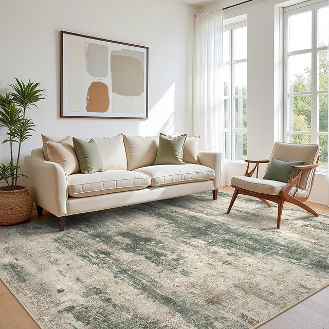 BEIMO Area Rugs 8x10 for Living Room Bedroom, Modern Abstract Machine Washable Rug, Large Soft Low Pile Floor Cover with Non Slip Backing for Dining Room, Muted Green/Beige