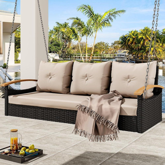 YITAHOME Porch Swing with Cushion 3-Seats Front Hanging Wicker Swing Rattan Patio Swing Lounge Chair Hammock for Garden, Balcony, Deck