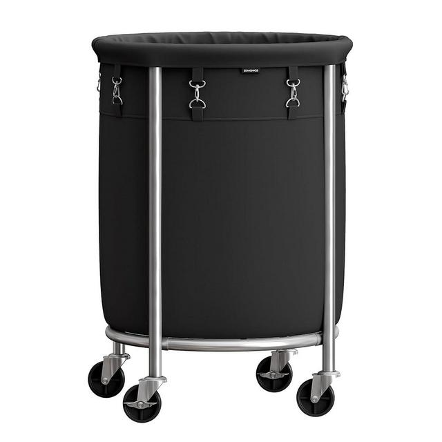 SONGMICS Laundry Basket with Wheels, Rolling Laundry Hamper, 29 Gal., Round Laundry Cart with Steel Frame and Removable Bag, 4 Casters and 2 Brakes, Black and Silver URLS002B01
