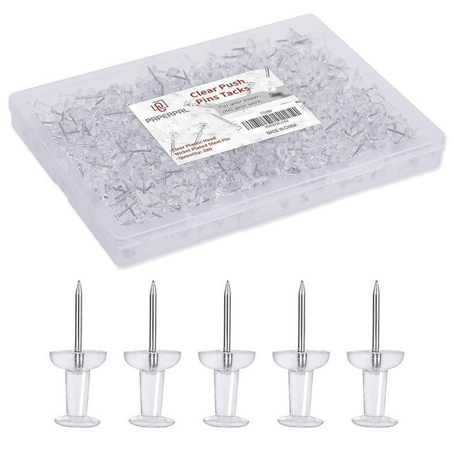 PAPERPAL 280 Clear Push Pins for Cork Board, Clear Thumb Tacks for Wall Hangings, Pushpins for Office School & Personal Use, Standard Size Push Pin Tacks